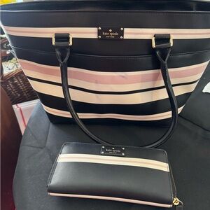 Kate Spade Black and Pink Striped Tote and Wallet